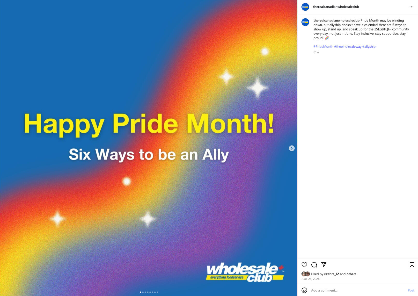 Pride Month, Wholesale Club social media post